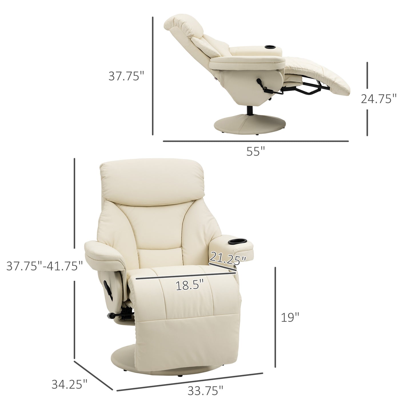 Manual Recliner, Swivel Lounge Armchair with Side Pocket, Footrest and Cup Holder for Living Room, Cream White