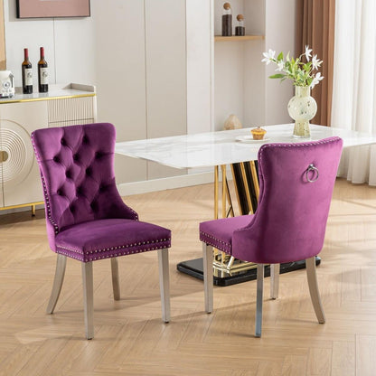 Nikki Collection Modern, High-end Tufted Solid Wood Contemporary Velvet Upholstered Dining Chair with Chrome Stainless Steel Plating Legs,Nailhead Trim,Set of 2,Purple and Chrome