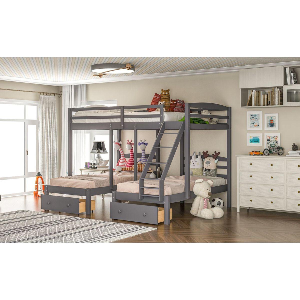 Full over Twin & Twin Bunk Bed,Triple Bunk Bed with Drawers, Gray