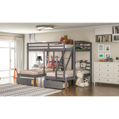 Full over Twin & Twin Bunk Bed,Triple Bunk Bed with Drawers, Gray