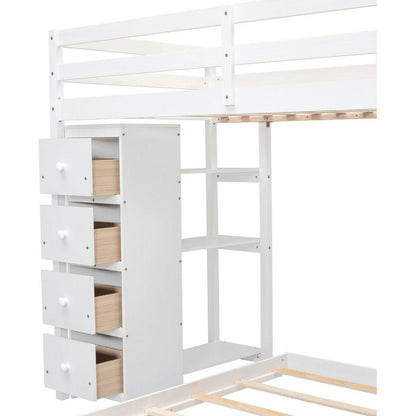 Twin Over Full Bunk Bed with 3-layer Shelves, Drawers and Storage Stairs, White