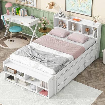 Full Bed with Bookcase Headboard, Under bed Storage Drawers and Bed End Storage Case,White