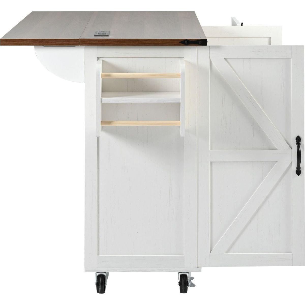 54.5" Farmhouse Kitchen Island with Power Outlet, Kitchen Storage Island with Internal Storage Rack, Drop Leaf, Spice Rack, Rolling Kitchen Cart on Wheels, for Home, Kitchen and Dining Room,White