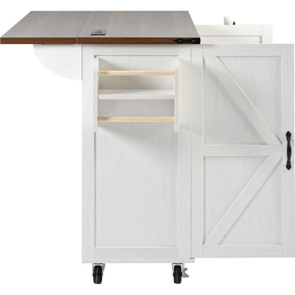 54.5" Farmhouse Kitchen Island with Power Outlet, Kitchen Storage Island with Internal Storage Rack, Drop Leaf, Spice Rack, Rolling Kitchen Cart on Wheels, for Home, Kitchen and Dining Room,White