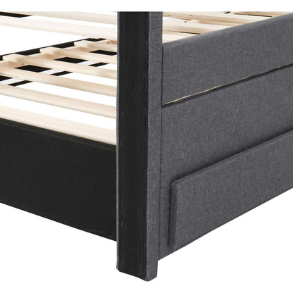 Twin Size Upholstered Platform Bed with Trundle and 3 Drawers, Linen Fabric, Gray