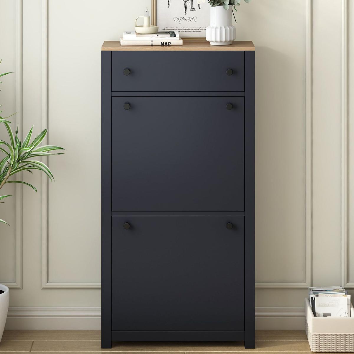 Functional Entryway Organizer with 2 Flip Drawers, Wood Grain Pattern Top Shoe Cabinet with Drawer, Free Standing Shoe Rack with Adjustable Panel for Hallway, Black