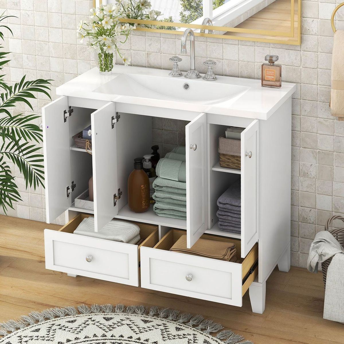 36" Bathroom Vanity with Resin Sink Combo,Solid Wood Frame Bathroom Storage Cabinet, Freestanding Vanity Set with 4 Soft Closing Doors& 2 Drawers