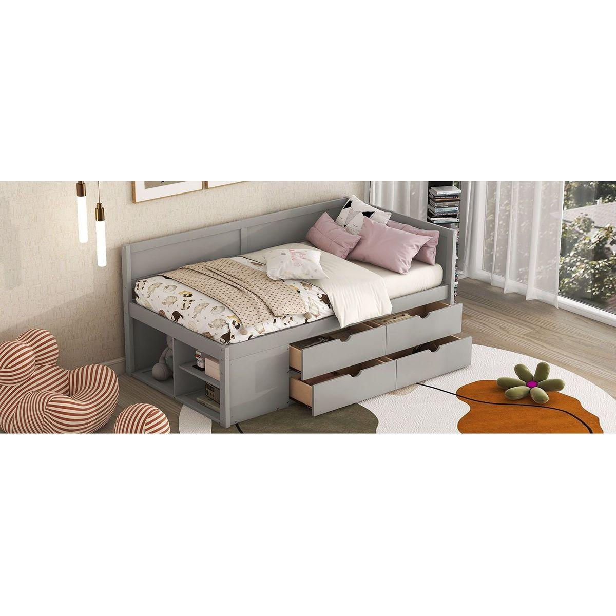 Twin Size Daybed with Drawers and Shelves, Gray