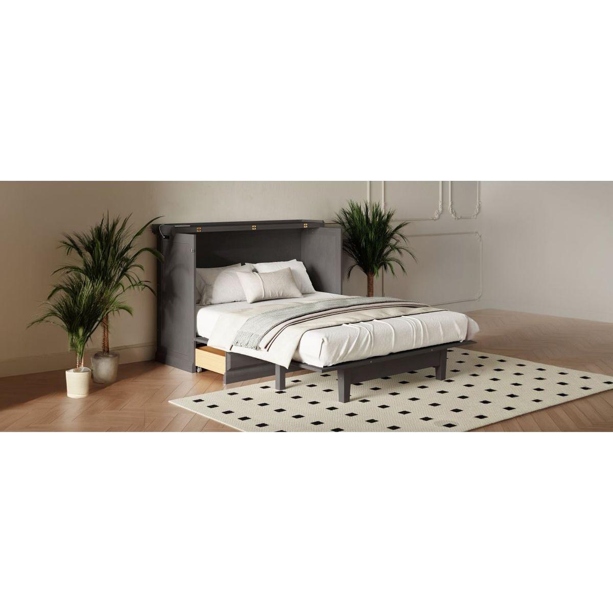 Solid Pine Murphy Bed Chest Cube Cabinet Bed with Charging Station and Large Storage Drawer for Home Office or Small Room,Full,Gray