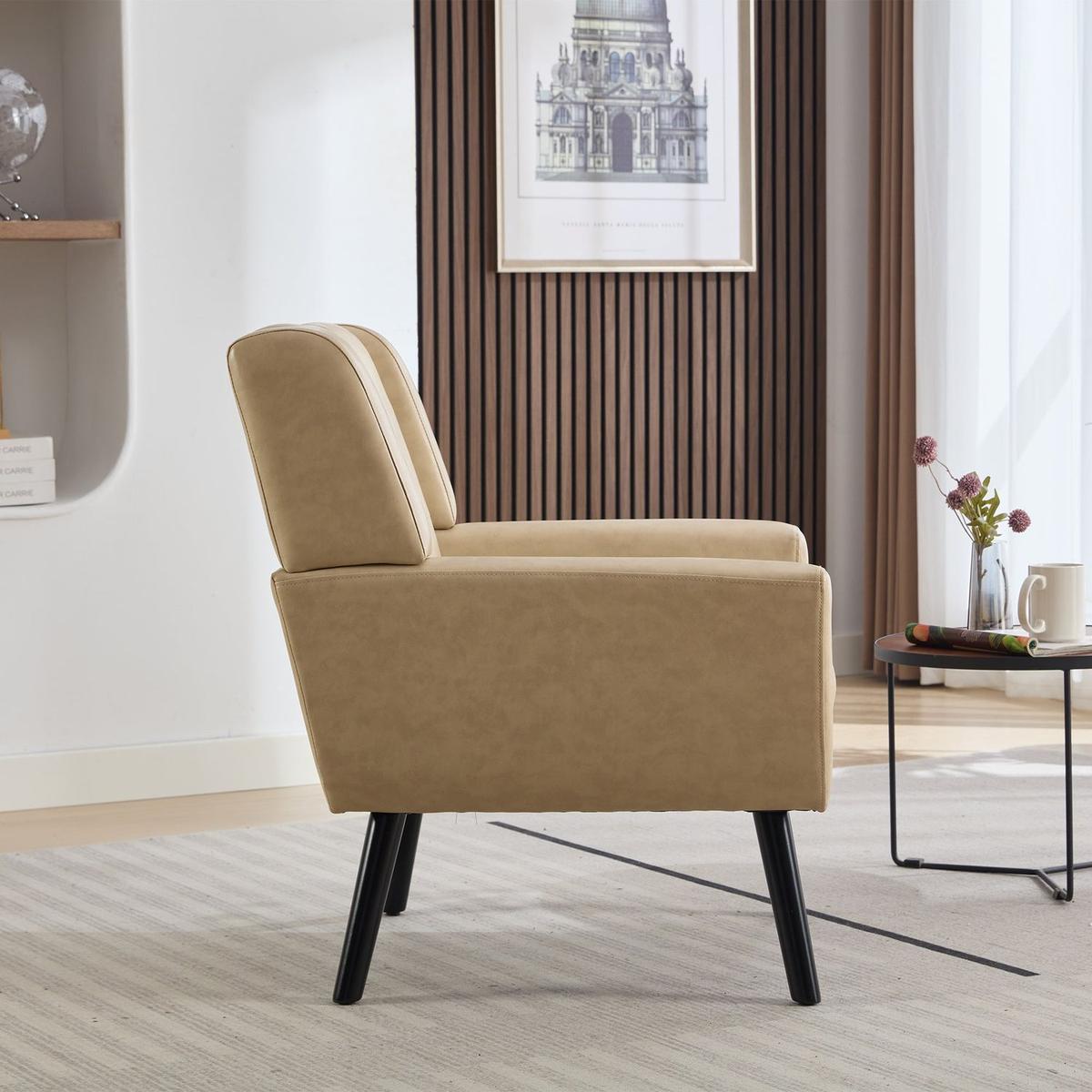 Modern Soft Leather Material Ergonomics Accent Chair Living Room Chair Bedroom Chair Home Chair With Black Legs For Indoor Home-Khaki PU
