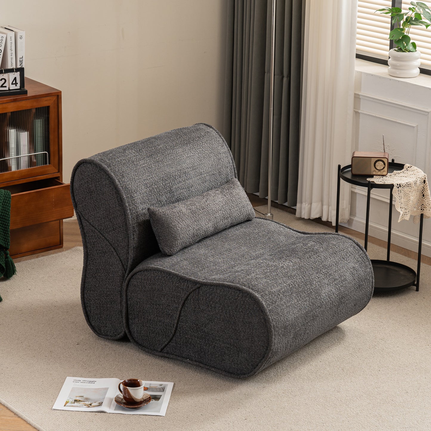 Soft Pellet Velvet Recliner - Comfortable Lounge Chair with Waist Pack Padding, Modern Design, Ideal for Living Room, Bedroom or Office - Dark Gray