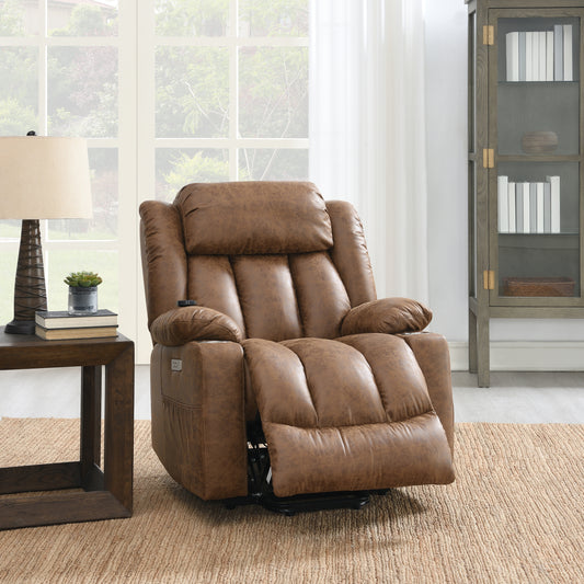 Omarion Power Recliner w/Lift, Heating & Massage, Brown Leather Aire