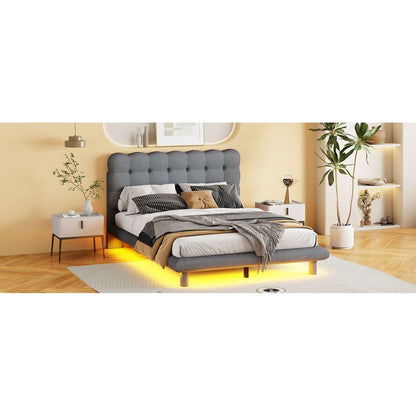 Full Size Velvet Platform Bed with LED Frame, Thick & Soft Fabric and Button-tufted Design Headboard, Gray