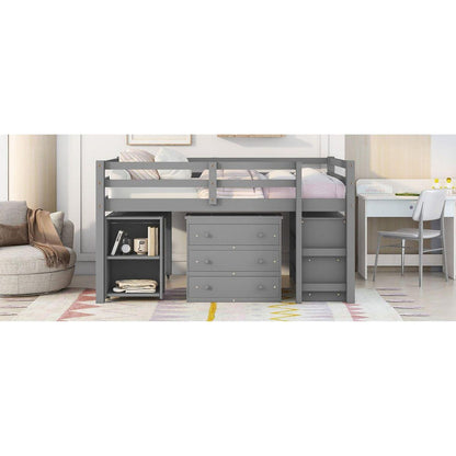 Low Study Full Loft Bed with Cabinet, Shelves and Rolling Portable Desk, Multiple Functions Bed- Gray