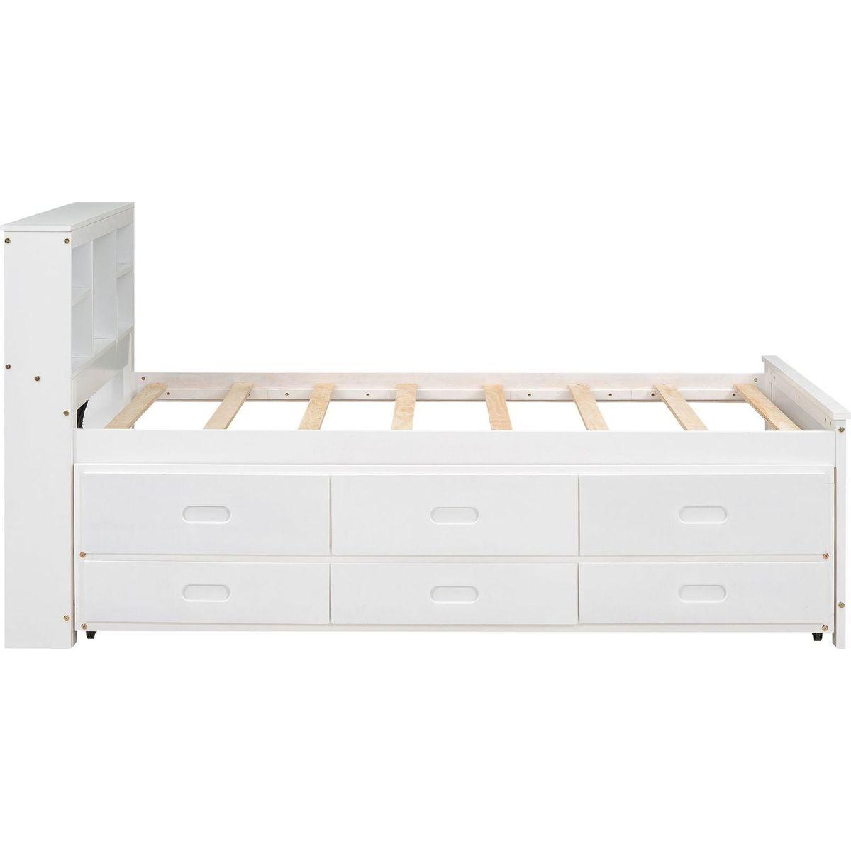 Twin Size Platform Bed with Storage Headboard, USB, Twin Size Trundle and 3 Drawers, White