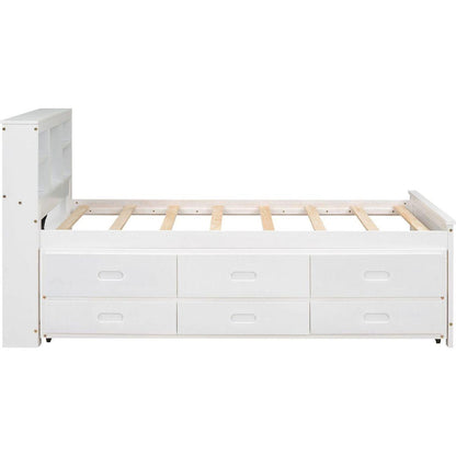Twin Size Platform Bed with Storage Headboard, USB, Twin Size Trundle and 3 Drawers, White