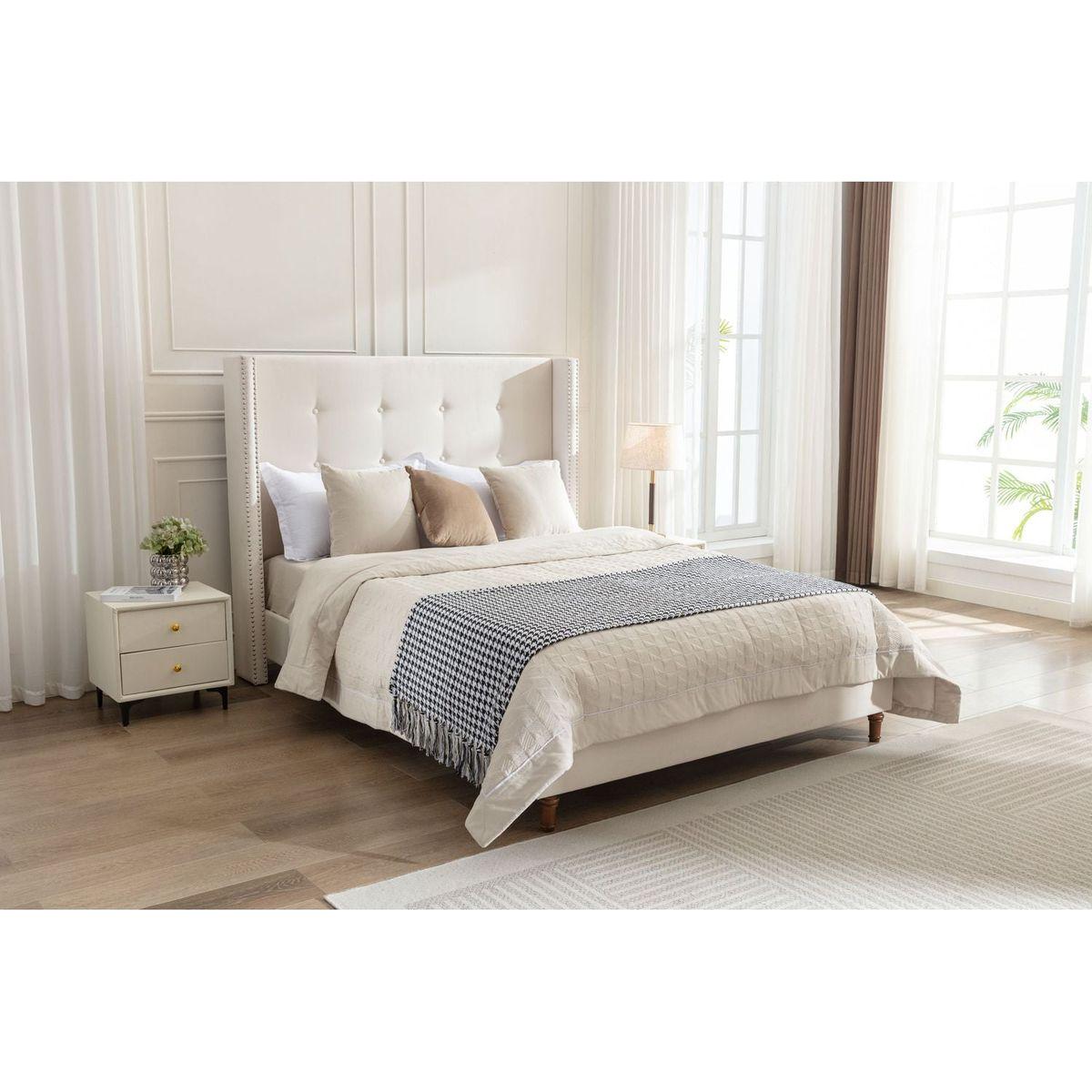 Upholstered King Bed / 54" High Headboard / Traditional Hand Buttoned Tufting / Nailhead Trim Wingback / No Box Spring Needed / Easy Assembly / Ivory Velvet