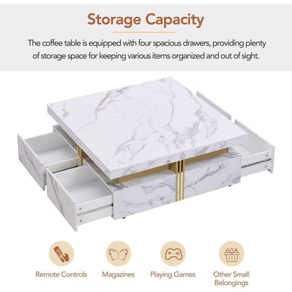 Modern White Square Storage Coffee Table with 4 Drawers