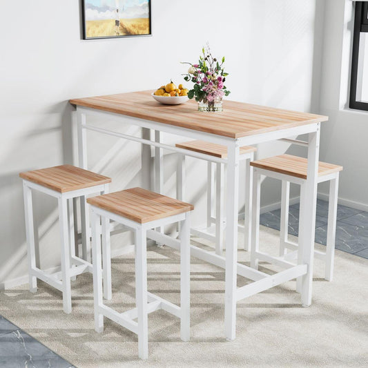 5-piece modern kitchen table with four bar stools Bar table set 5PC,metal frame and MDF, white oak,47.5" L x 23.7" W x 35.5" H.