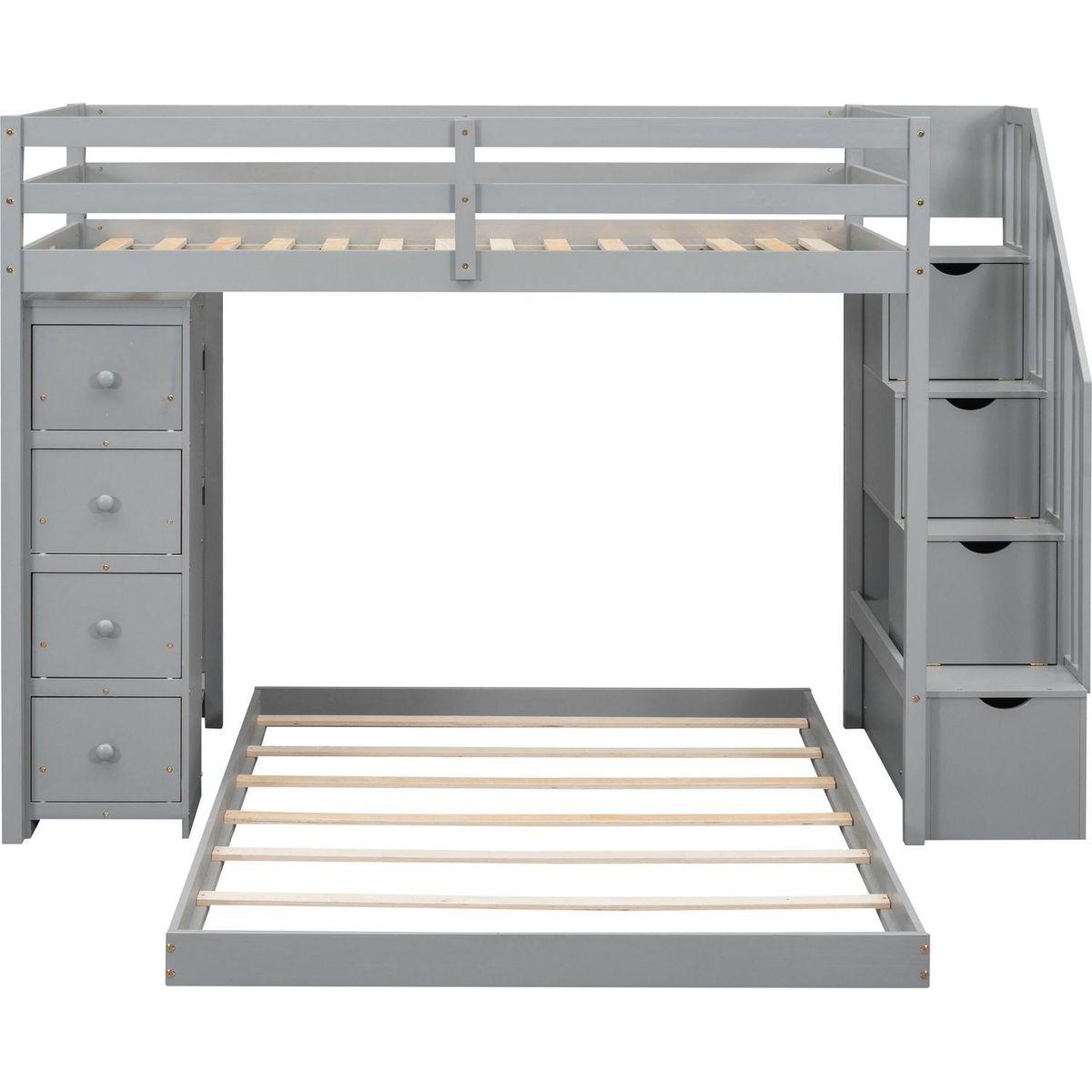 Twin Over Full Bunk Bed with 3-layer Shelves, Drawers and Storage Stairs, Gray