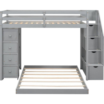 Twin Over Full Bunk Bed with 3-layer Shelves, Drawers and Storage Stairs, Gray