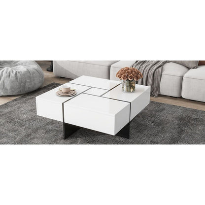 Unique Design Coffee Table with 4 Hidden Storage Compartments, Square Cocktail Table with Extendable Sliding Tabletop, UV High-gloss Design Center Table for Living Room, 31.5"x 31.5"
