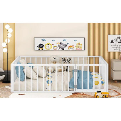 Full Size Metal Floor Bed Frame with Fence and Door, White