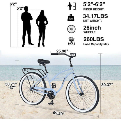 Single Speed Bicycles 26"Inch,Steel Frame, Wide Wheels for Stability, Rear Coaster Brakes,Multiple ColorsWomen's Beach Cruiser Bike