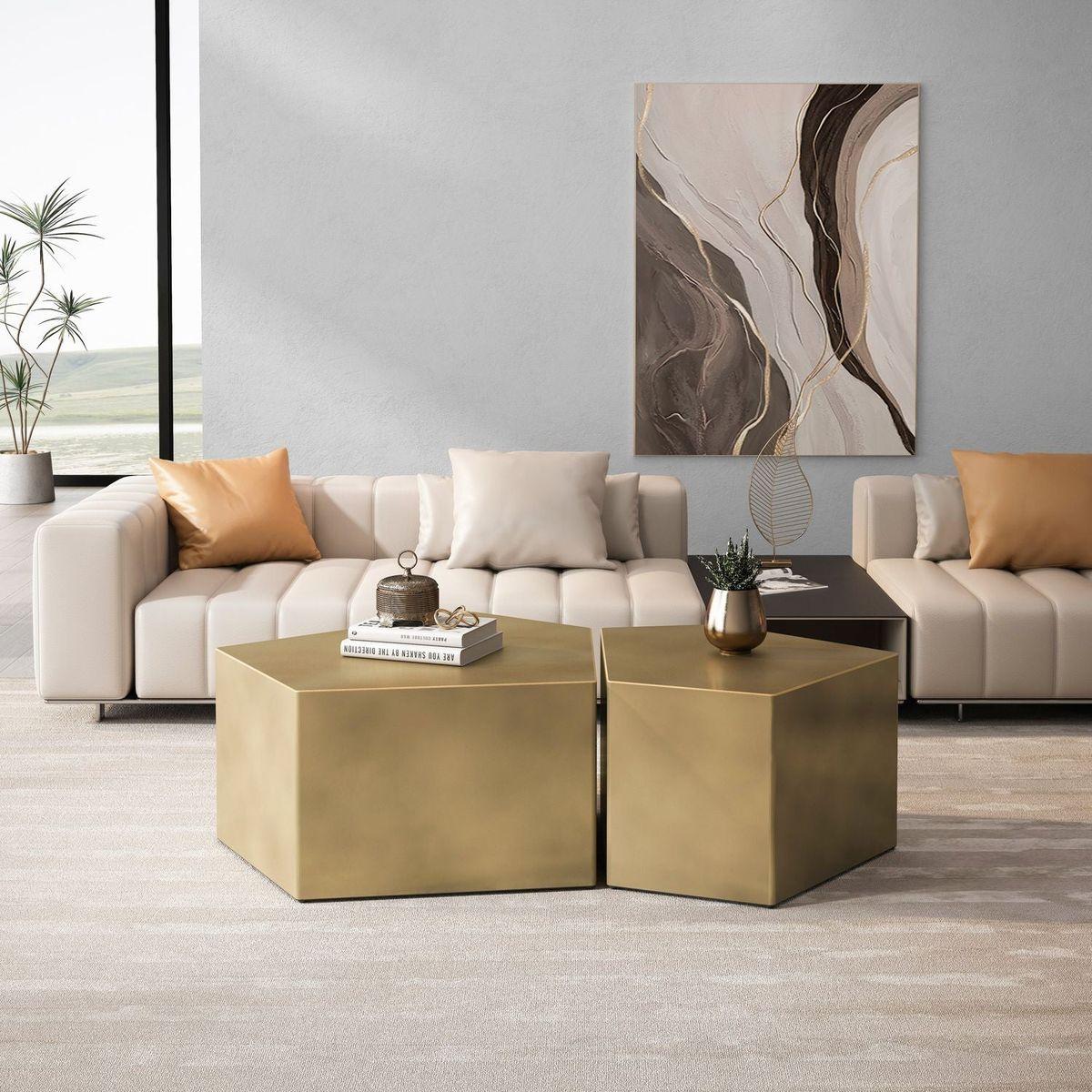 Irregular Pentagon Nesting Coffee Table Set, Geometric Coffee Table Set, Side Table Set, Cocktail Table Set, Center table set for Living Room, Antique Brass, Antique Gold,Copper Gold(Set of 2 Pieces) - Streamdale Furniture