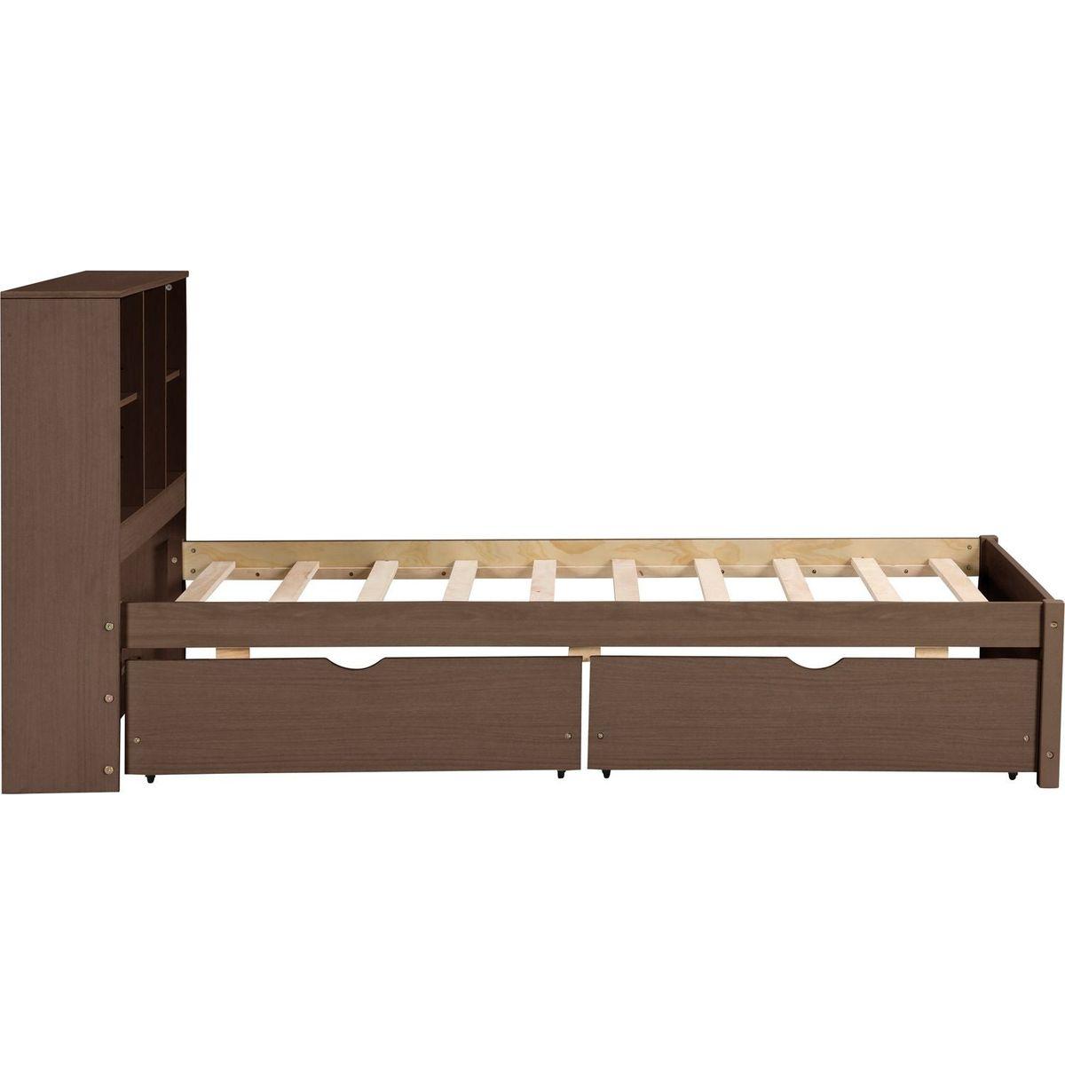 Modern Twin Size Bed Frame With Built-in USB Port on Bookcase Headboard and 2 Drawers for Walnut Color