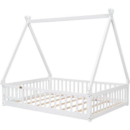 Full Tent-shaped Floor Bed, with Guardrails, Slats, Door, White