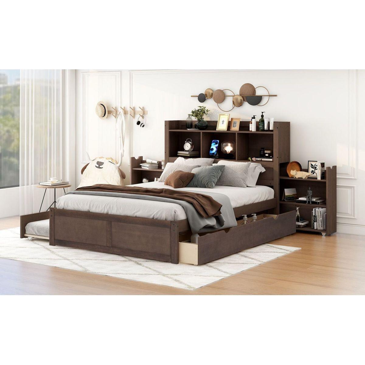 Full Size Storage Platform Bed with Pull Out Shelves, Twin Size Trundle and 2 Drawers, Espresso