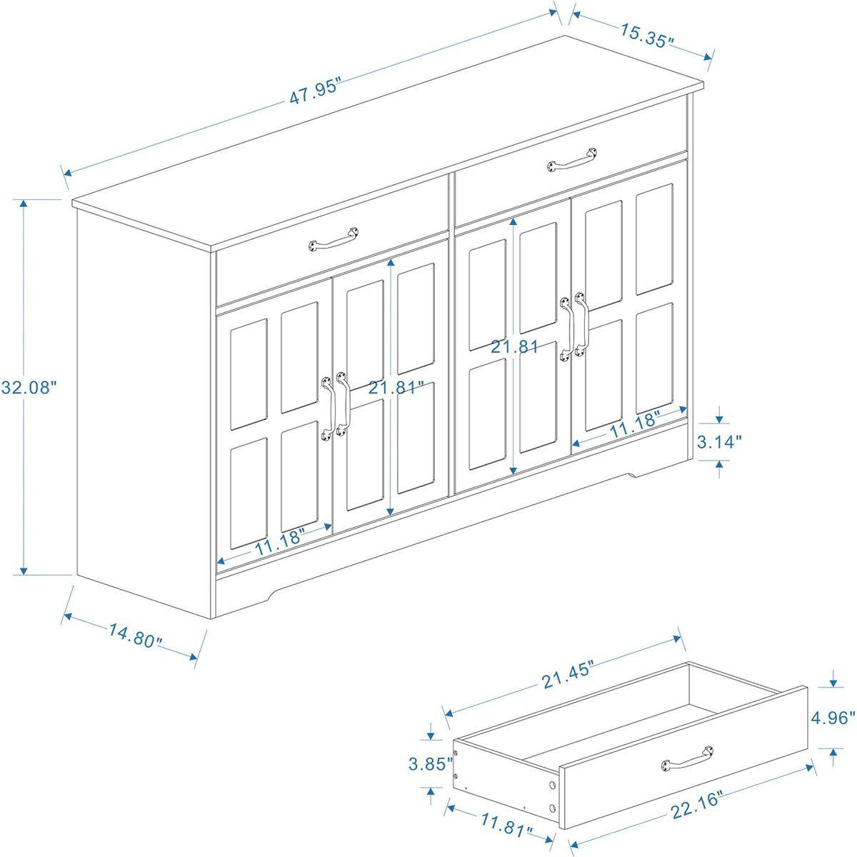47.95" Farmhouse Buffet Cabinet Storage Sideboard with 2 Drawers and 4 Doors for Dining Living Room Kitchen Cupboard-White