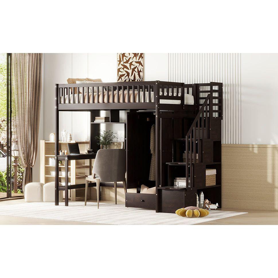 Twin size Loft Bed with Bookshelf,Drawers,Desk,and Wardrobe-Espresso