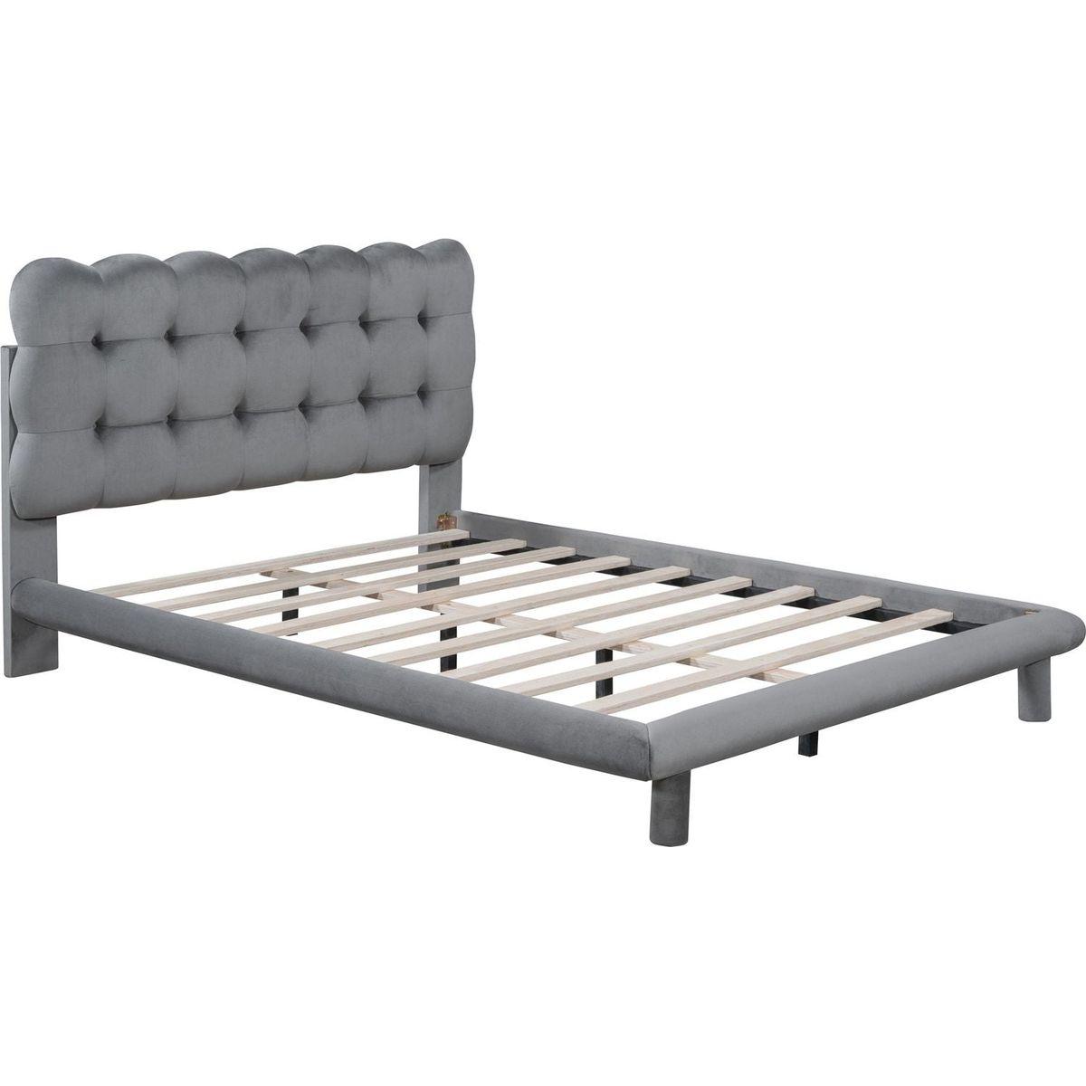 Full Size Velvet Platform Bed with LED Frame, Thick & Soft Fabric and Button-tufted Design Headboard, Gray