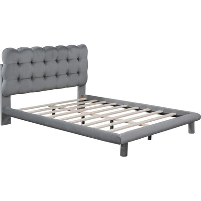 Full Size Velvet Platform Bed with LED Frame, Thick & Soft Fabric and Button-tufted Design Headboard, Gray