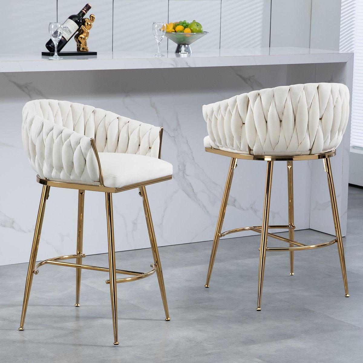 26" Counter height bar stools velvet kitchen island counter bar stool with hand- wave back,golden chromed base and footrest (BEIGE)