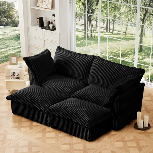 Slipcovered Sofa 2 Seater Sofa    With 2 Ottomans, 2 Seater Sleeper Sofa Bed Home Theater Oversized Sofa For Living Room, Corduroy, Black