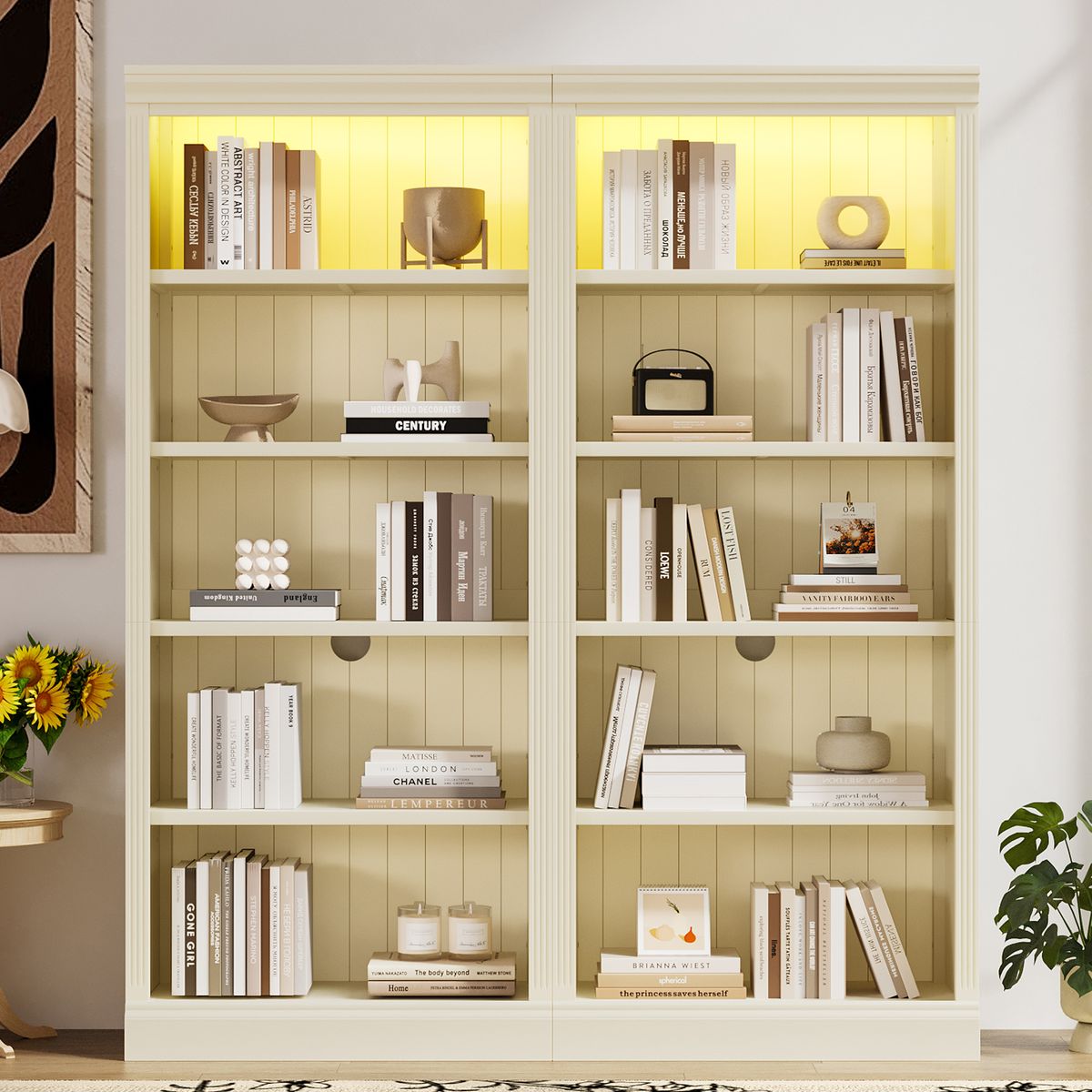 83' Tall Wood Bookcase Suite with light strip ,5-Tier Decor Bookcase Suite with Adjustable Shelves,Storage Organizer,Free Standing Storage Shelves Suite for Living Room,Home Office,Beige and Yellow