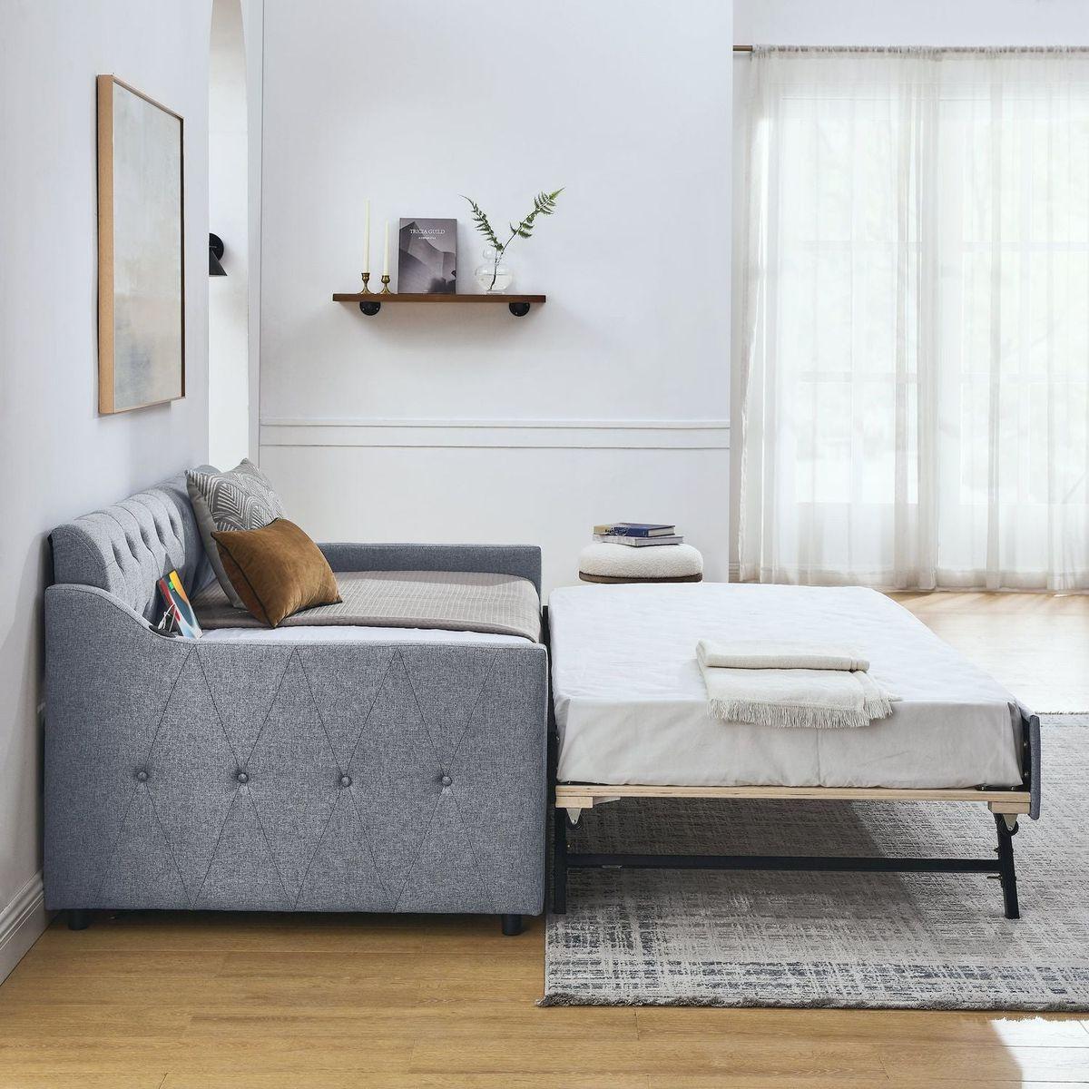 Twin Size Upholstery DayBed with Twin Size Erectable Trundle and USB Charging Design, Linen Grey