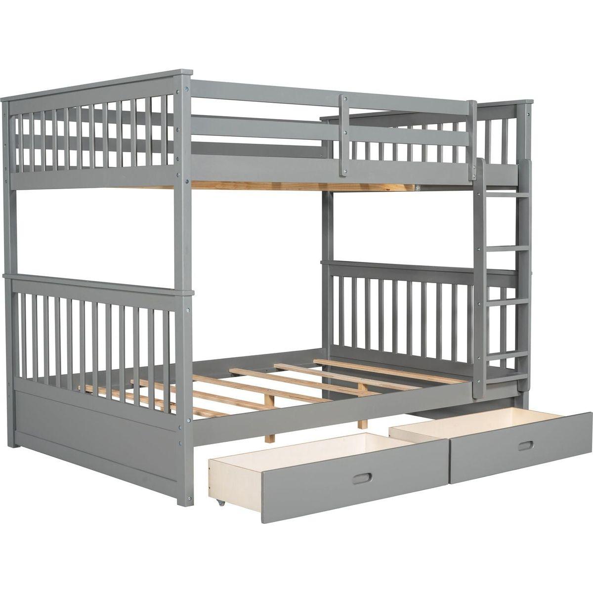Full-Over-Full Bunk Bed with Ladders and Two Storage Drawers (Gray)