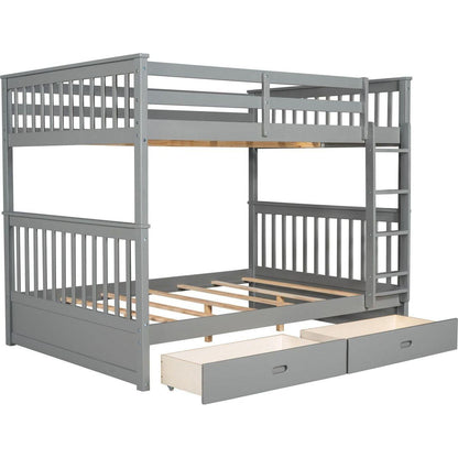 Full-Over-Full Bunk Bed with Ladders and Two Storage Drawers (Gray)