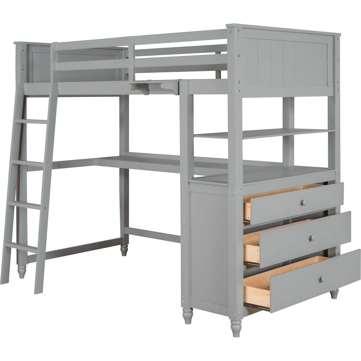 Twin size Loft Bed with Drawers and Desk, Wooden Loft Bed with Shelves - Gray