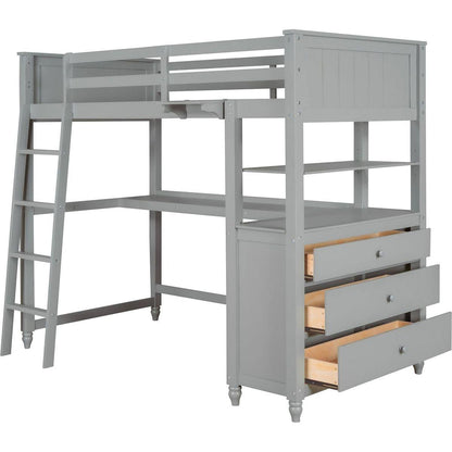 Twin size Loft Bed with Drawers and Desk, Wooden Loft Bed with Shelves - Gray