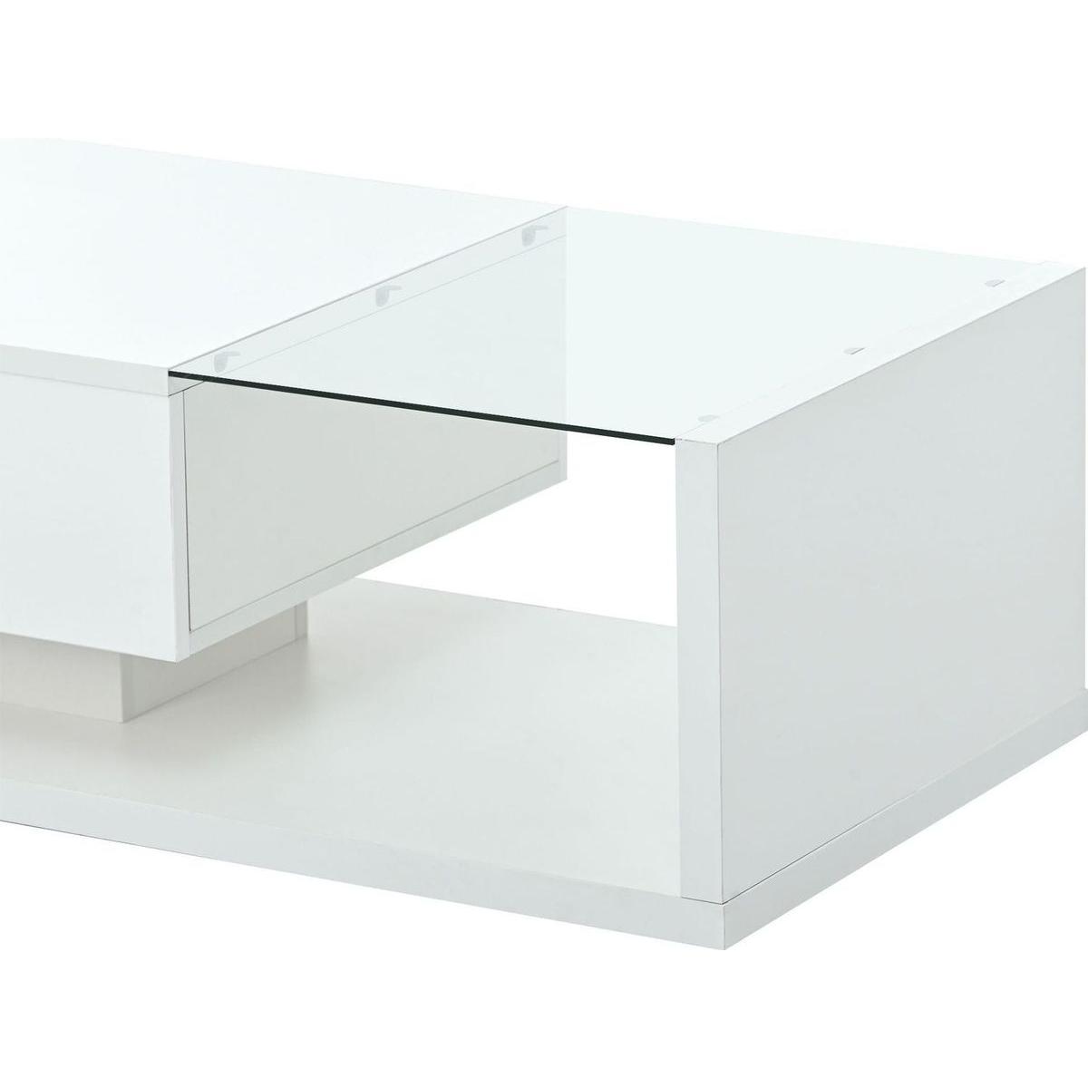 Modern Coffee Table with Tempered Glass, Wooden Cocktail Table with High-gloss UV Surface, Modernist 2-Tier Rectangle Center Table for Living Room, White