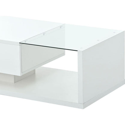 Modern Coffee Table with Tempered Glass, Wooden Cocktail Table with High-gloss UV Surface, Modernist 2-Tier Rectangle Center Table for Living Room, White