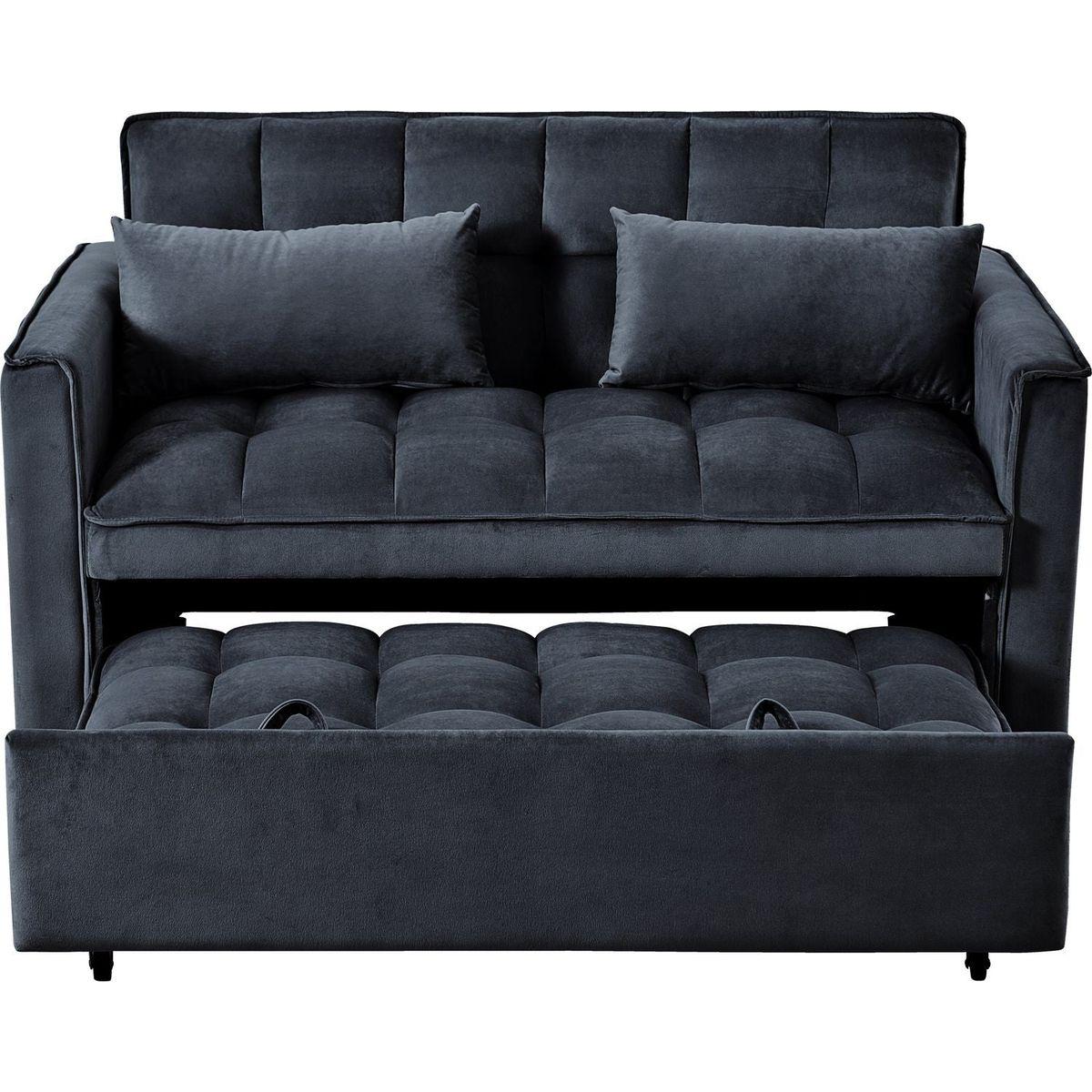 3 in 1 Convertible Sleeper Sofa Bed, Modern Pull Out Couch Bed, Adjustable Backrest, Velvet Loveseat Futon Sofa with Pillows & Pockets for Living Room Apartment, Black
