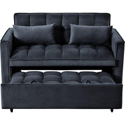 3 in 1 Convertible Sleeper Sofa Bed, Modern Pull Out Couch Bed, Adjustable Backrest, Velvet Loveseat Futon Sofa with Pillows & Pockets for Living Room Apartment, Black