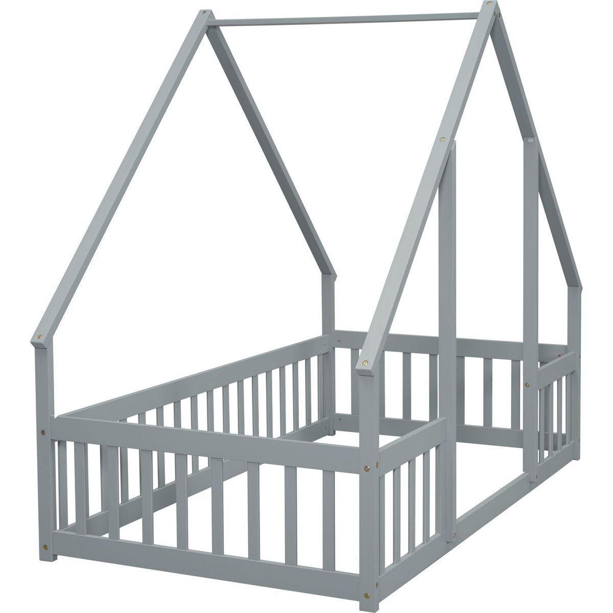 Twin Wood House-Shaped Floor Bed with Fence, Guardrails, Grey