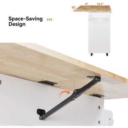 Rolling Kitchen Island with Storage, Kitchen Cart with Rubber Wood Top, Spacious Drawer with Divider and Internal Storage Rack, Kitchen Island on Wheels with Adjustable Shelf Tower Rack, White